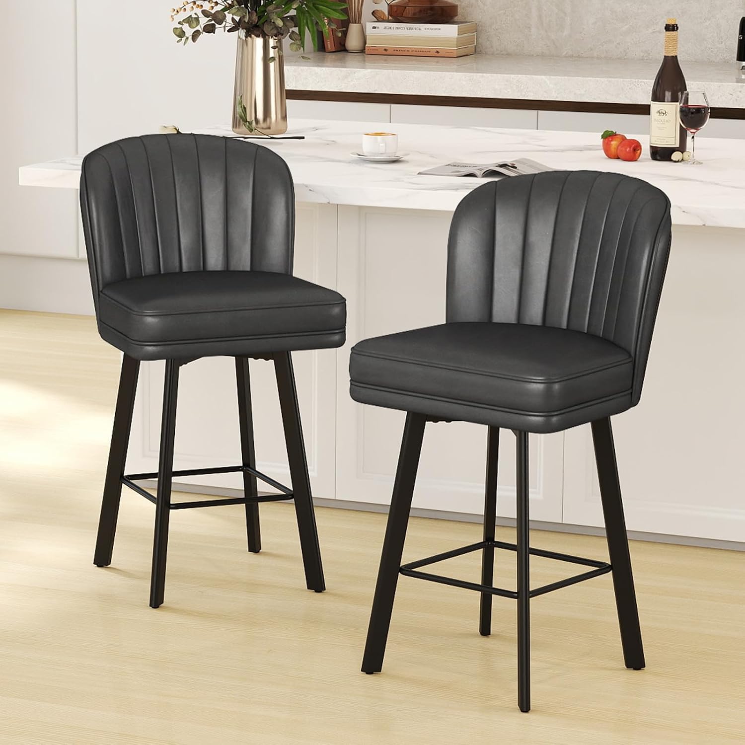Furniture Leg Set - モダンな回転式カウンターハイトバースツール2脚セット、人間工学に基づいたシェルバックレスト付きのフェイクレザー製バースツール、頑丈な金属製の脚、ダイニングルームやパブ用のキッチンアイランドチェア