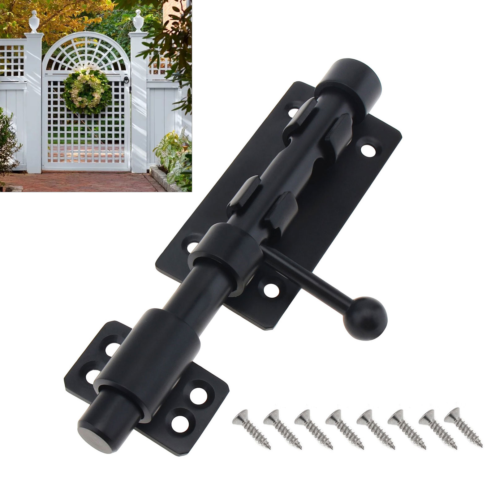 Barrel Bolt Slide - ステンレス鋼バレルボルト、ドア用ドアラッチ、窓キャビネット、10mm南京錠穴、黒いスライドドアロック、6インチ