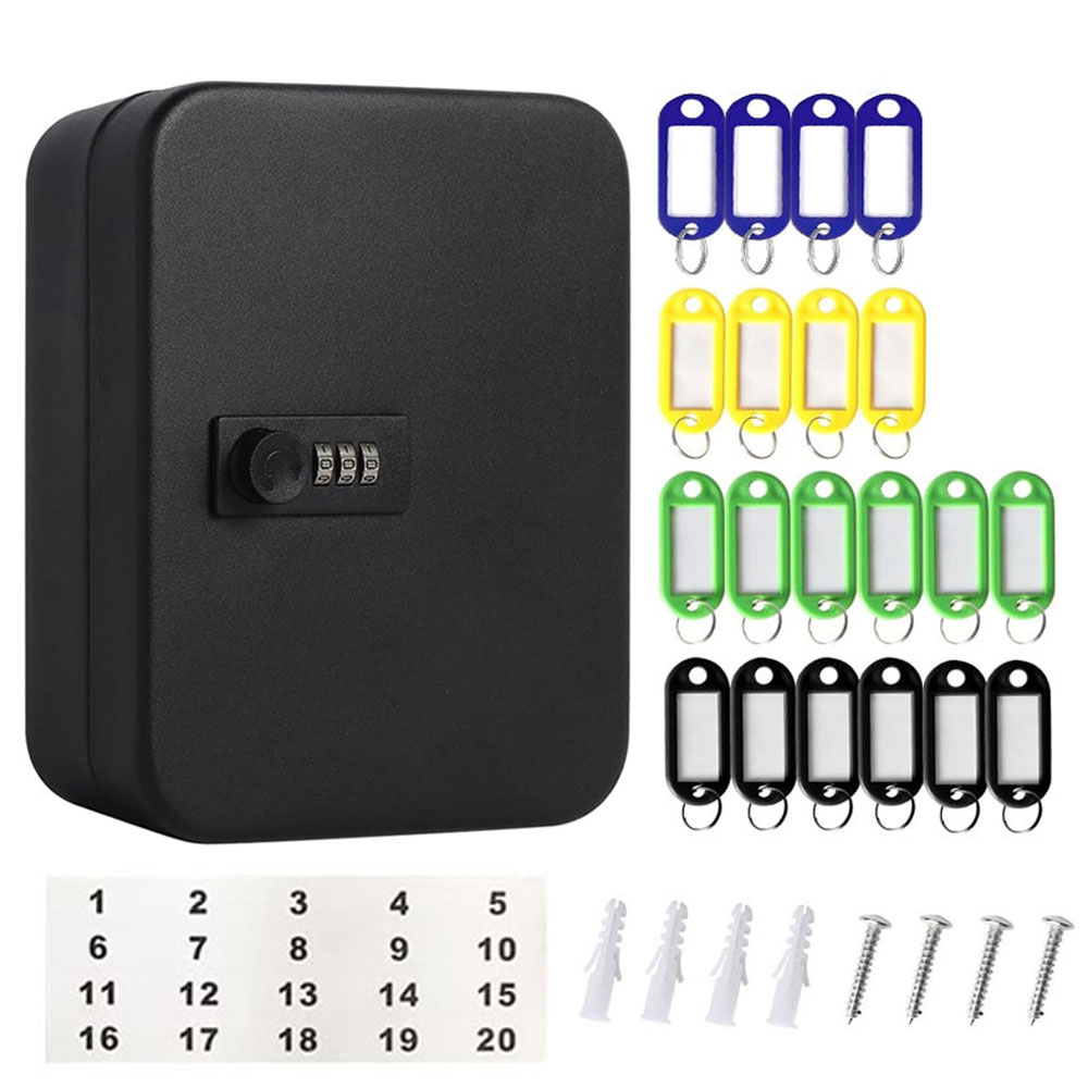Cabinet Lock Key - 3桁のダイヤルロック付きブラックセキュリティキーケース、20個のフック、壁掛けキーキャビネットロックケース、寸法20×16×7.5cm